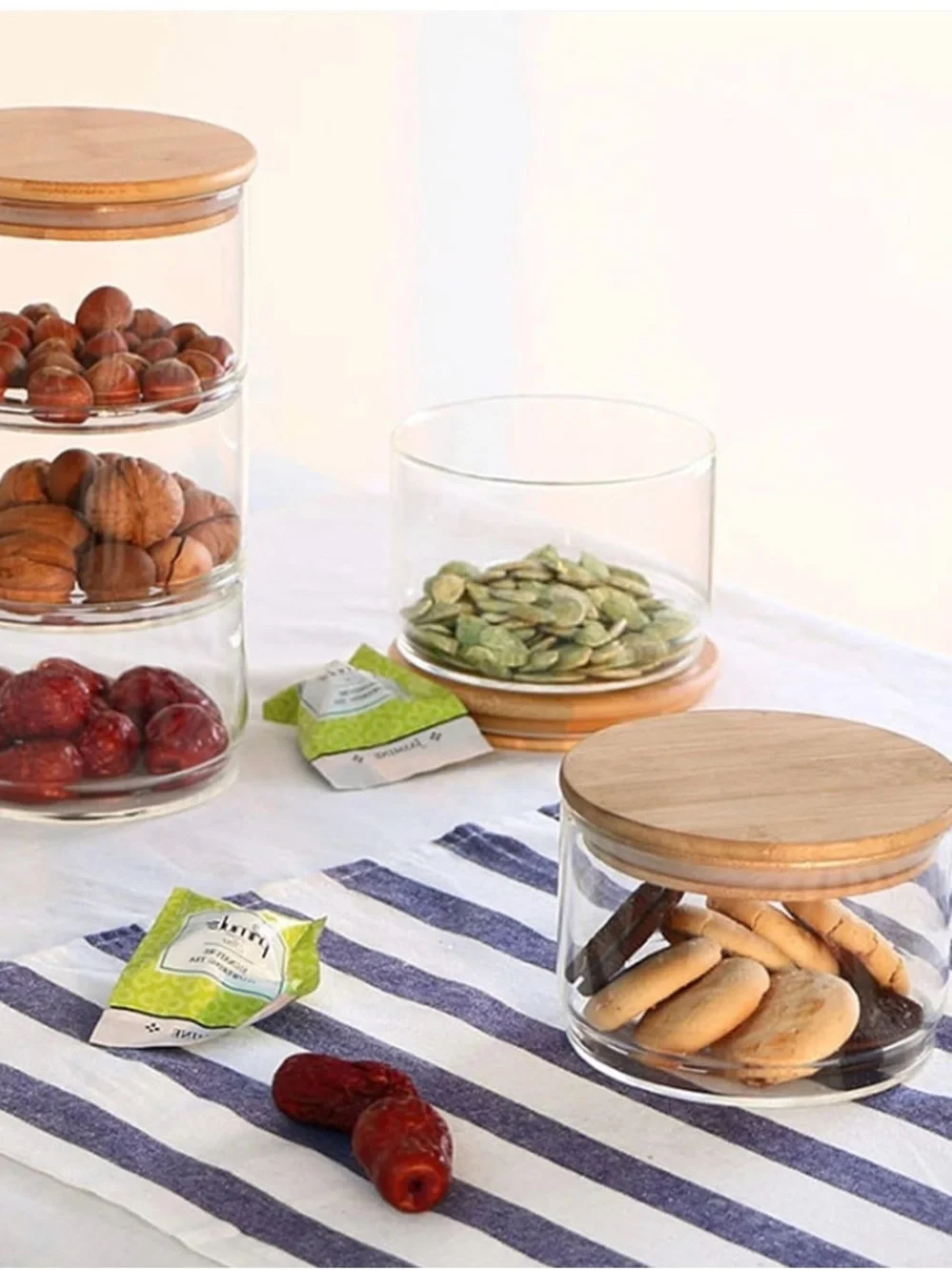 New!! Oasis Home 3-tier stacking glass canister set with a decorative bamboo lid